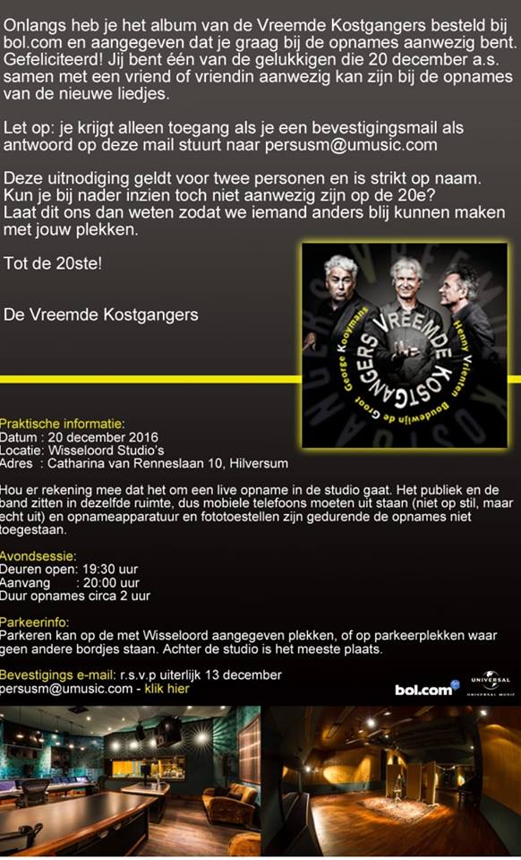 Vreemde Kostgangers album recordings invitation December 20 2016!